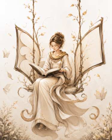 Книжкова фея Алата читає книгу на гойдалці